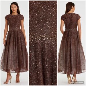 MAC DUGGAL 20371 Womens Brown Embellished Cap Sleeve A Line Dress